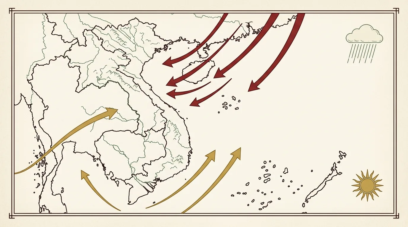 Bản đồ Việt Nam với các mũi tên gió mùa mùa đông và mùa hạ, có quần đảo Hoàng Sa và Trường Sa